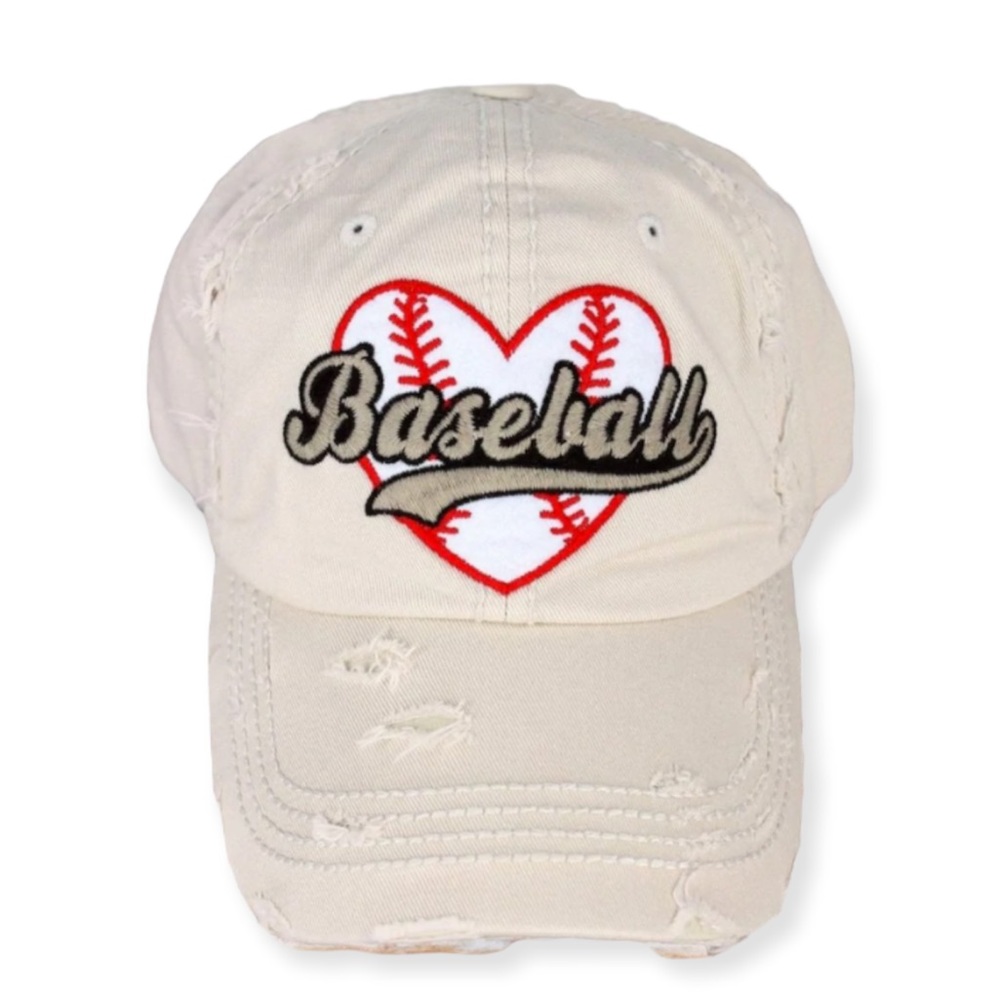 Cream Distressed Vintage Baseball Heart Cap